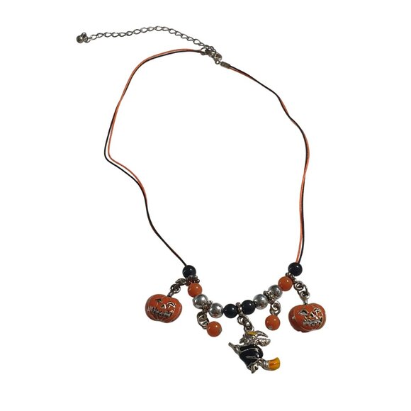 Halloween Charms Necklace Black Orange Pumpkin Witch Design Adjustable Chain - Picture 2 of 4